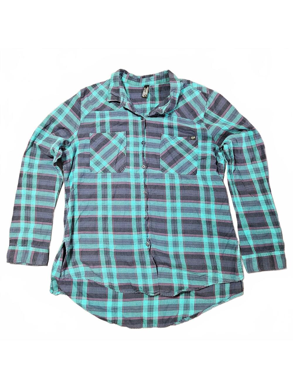 Fox Head Women's XL Blue Black Plaid Button Up Shirt Flannel Racing Long Sleeve